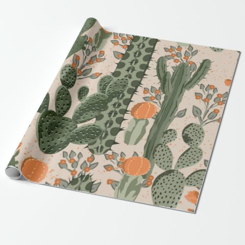 Green vintage succulent cactus and orange flowers  wrapping paper