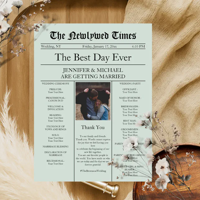 Green Vintage Traditional Newspaper Wedding Invitation
