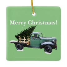 Green Vintage Truck and Tree Square Ornament