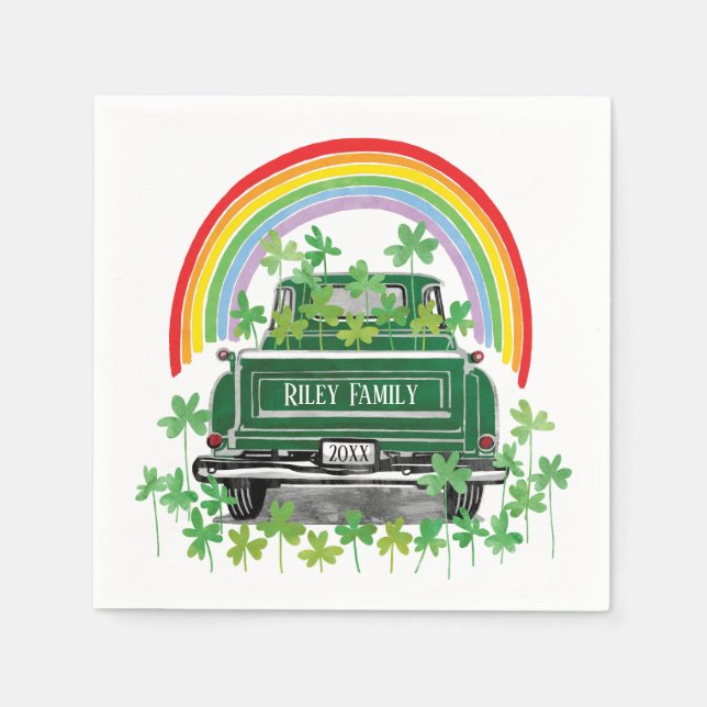 Green Vintage Truck Shamrock Rainbow Name Napkins (Front)