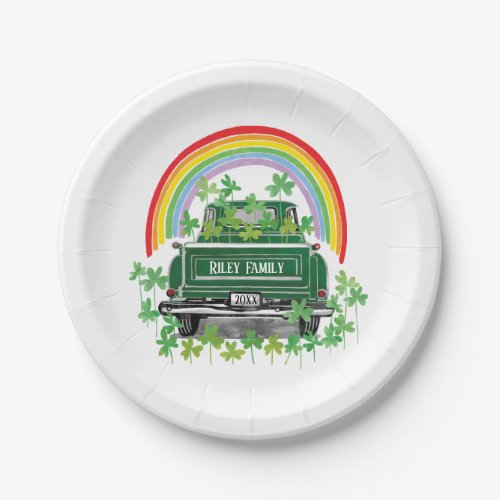 Green Vintage Truck Shamrock Rainbow Name Paper Plates