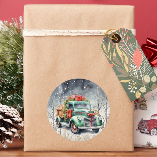 Green Vintage Truck Winter Forest Christmas Gifts Classic Round Sticker