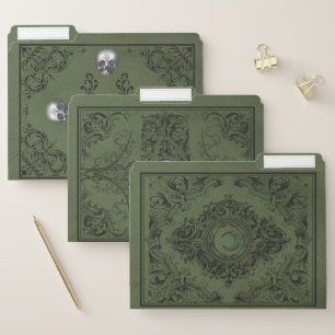 Green Vintage Victorian Wicca Moons Skulls File Fo Folder