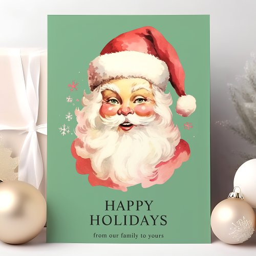 Green Vintage Watercolor Santa Claus Christmas Holiday Card