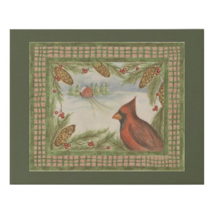 Green Vintage Winter Cardinal Art Faux Canvas Print