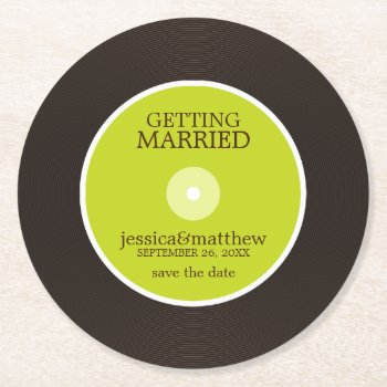 Green Vinyl Record Wedding Save The Date Wedding Round Paper Coaster by heartlocked at Zazzle