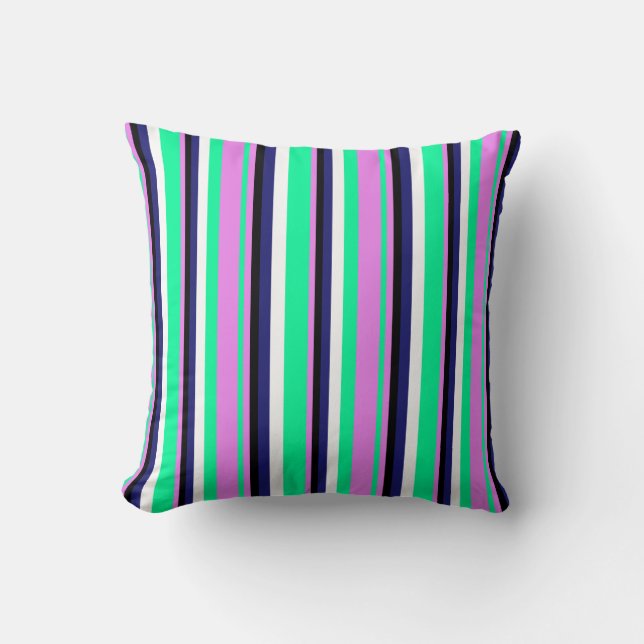 Green, Violet, Black, Midnight Blue & White Lines Throw Pillow (Front)