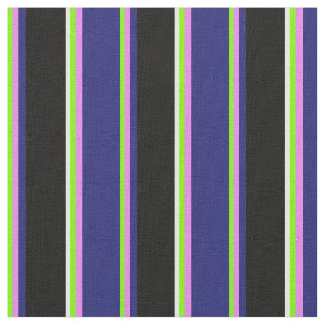Green, Violet, Midnight Blue, Black & White Lines Fabric (Close Up)