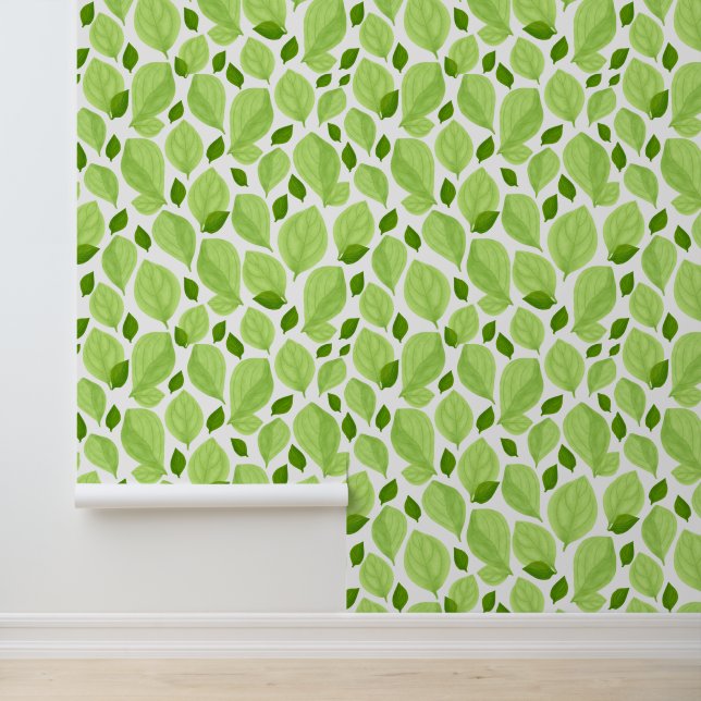 Green Vivid Basil Leaves Nature Hand Drawn Pattern Wallpaper (Application)