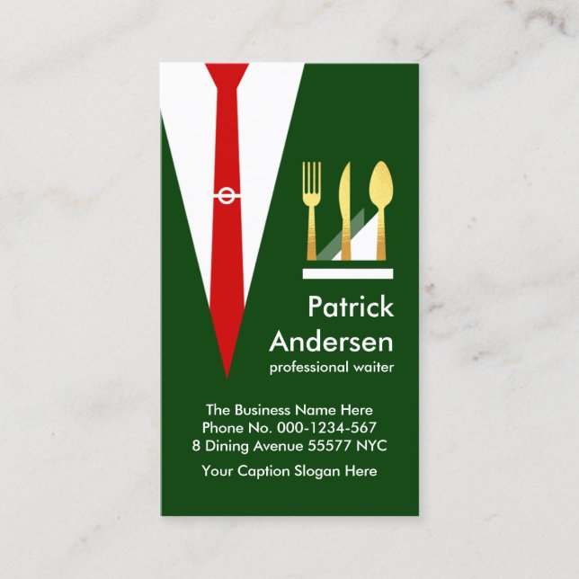 Green Waiter Suit Gold Cutlery Business Card (Front)