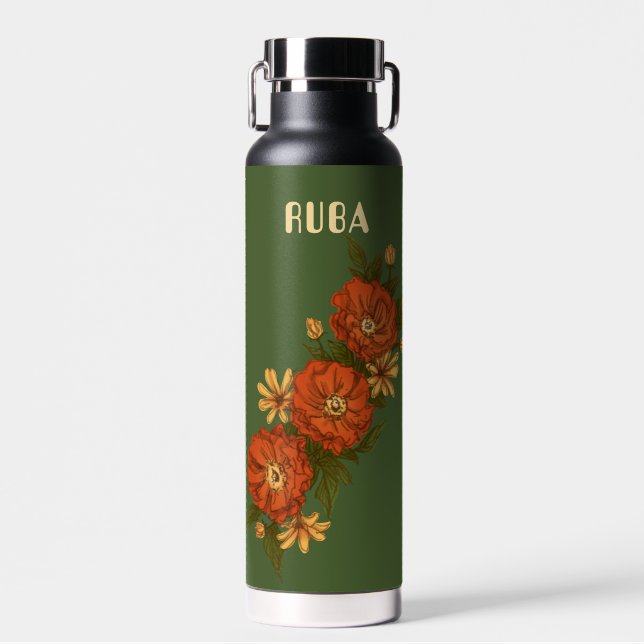 Green Water Bottle with red flowers (Front)