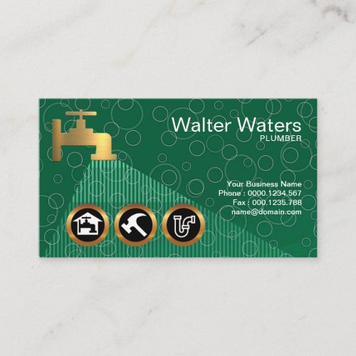 Green Water Bubbles Plumber Flowing Icons Gold Tap Business Card