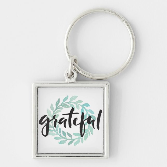 Green Water Color Grateful Wreath Fall Gratitude Keychain (Front)