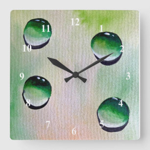Green water drops art square wall clock