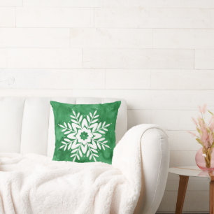Green Watercolor Abstract Snowflake Throw Pillow