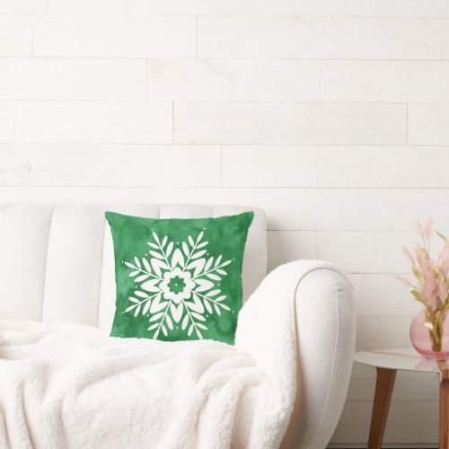 Green Watercolor Abstract Snowflake Throw Pillow