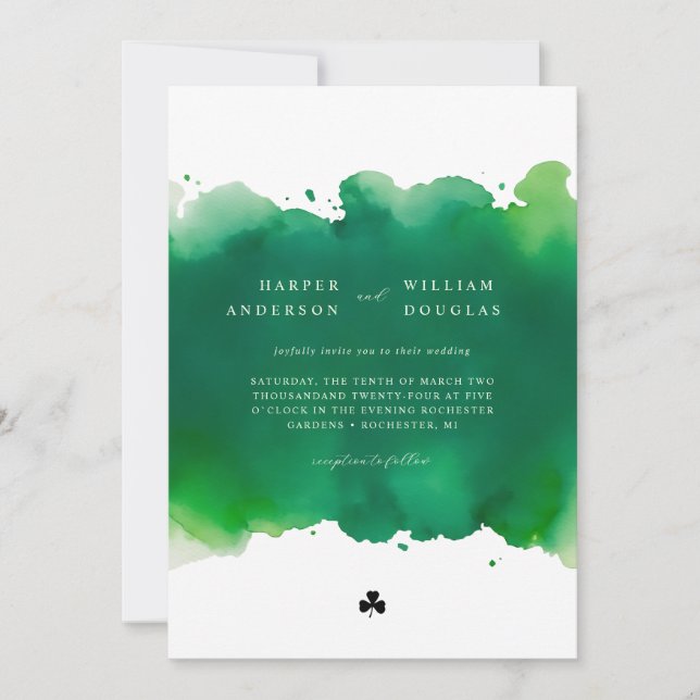 Green watercolor and clover wedding invitation (Front)