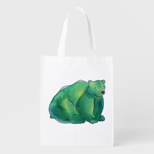 Green Watercolor Animal Art Cute Bear Grocery Bag