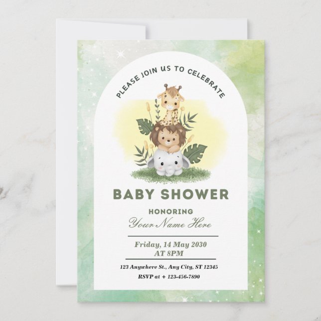 Green Watercolor Animals Baby Shower Boy  Invitation (Front)