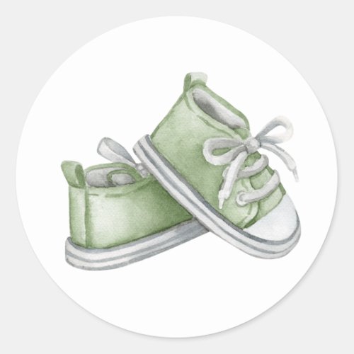 Green Watercolor Baby Booties Baby Shower Classic Round Sticker