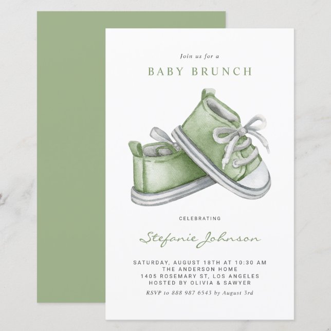 Green Watercolor Baby Shoes Baby Brunch Invitation (Front/Back)