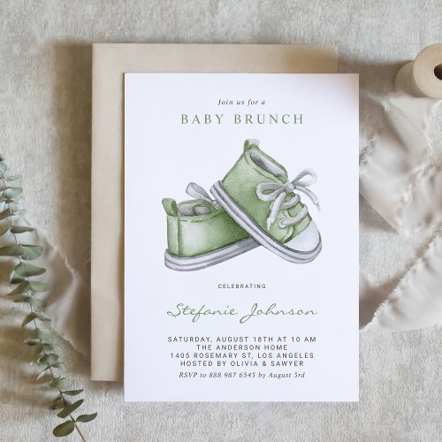 Green Watercolor Baby Shoes Baby Brunch Invitation