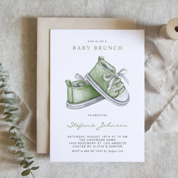 Green Watercolor Baby Shoes Baby Brunch Invitation by misstallulah at Zazzle