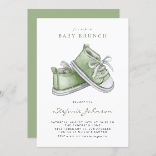 Green Watercolor Baby Shoes Baby Brunch Invitation