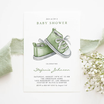 Green Watercolor Baby Shoes Baby Shower Invitation by misstallulah at Zazzle