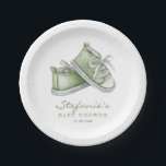 Green Watercolor Baby Shoes Baby Shower Paper Plates<br><div class="desc">Hello baby! Invite guests to your event with these customizable baby shower paper plates. It features watercolor illustration of adorable green baby booties. Personalize by adding your details. These green baby shower paper plates are perfect for gender-neutral baby showers.</div>