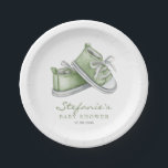 Green Watercolor Baby Shoes Baby Shower Paper Plates<br><div class="desc">Hello baby! Invite guests to your event with these customizable baby shower paper plates. It features watercolor illustration of adorable green baby booties. Personalize by adding your details. These green baby shower paper plates are perfect for gender-neutral baby showers.</div>