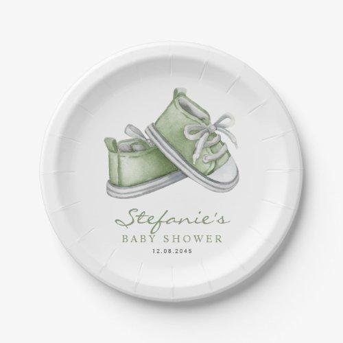 Green Watercolor Baby Shoes Baby Shower Paper Plates