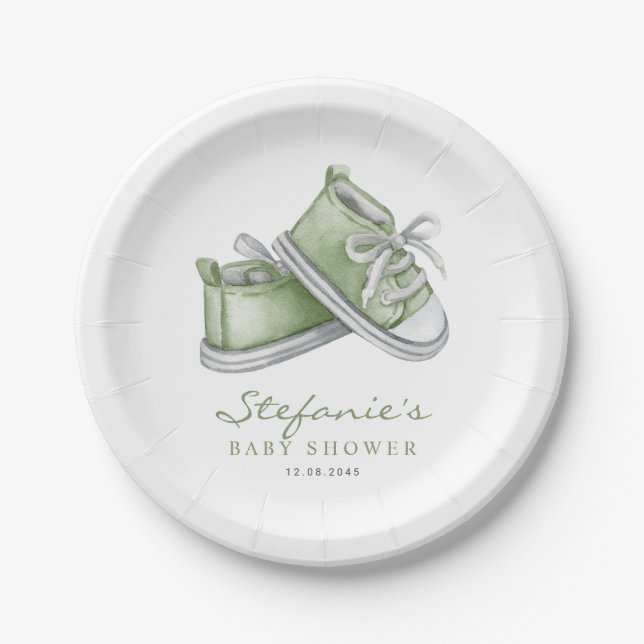 Green Watercolor Baby Shoes Baby Shower Paper Plates (Front)
