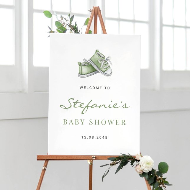 Green Watercolor Baby Shoes Baby Shower Poster (Creator Uploaded)