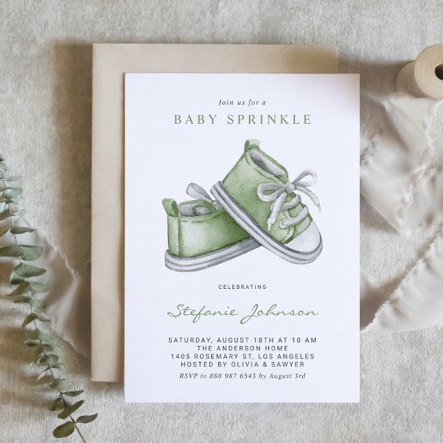 Green Watercolor Baby Shoes Baby Sprinkle Invitation (Creator Uploaded)