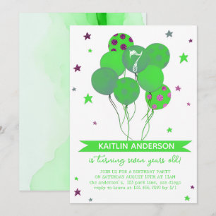 Green Watercolor Balloons Girl 7th Birthday Party Invitation