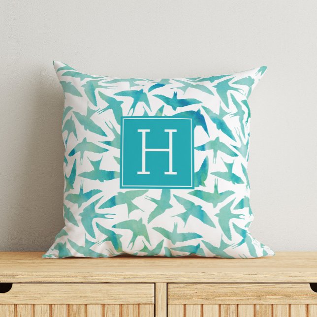 Green Watercolor Birds Monogrammed Throw Pillow (Creator Uploaded)