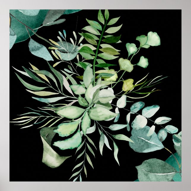 Green Watercolor Botanical Leaves and Flowers Poster (Front)