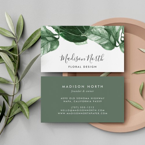 Green Watercolor Botanical Leaves Calligraphy Business Card