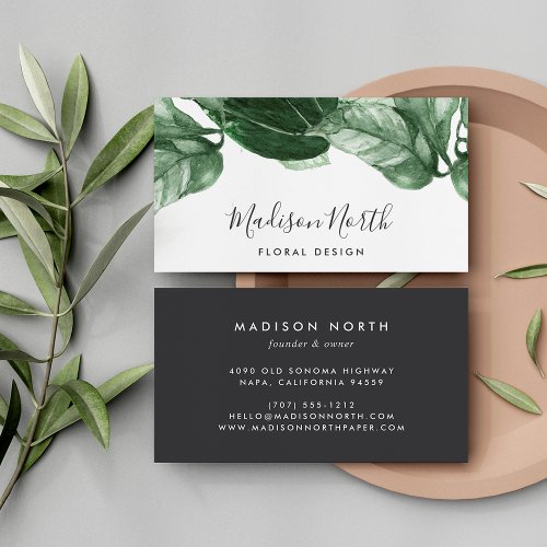 Green Watercolor Botanical Leaves Calligraphy Business Card