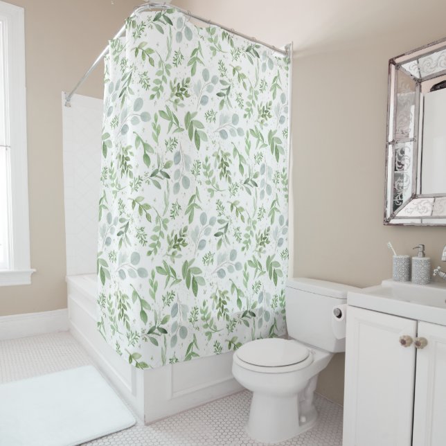 Green Watercolor Botanical Shower Curtain (In Situ)