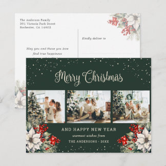Green Watercolor Botanical Snow Photo Collage Holiday Postcard