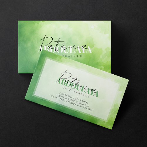 Green Watercolor Braid Stylist Script Typography Business Card