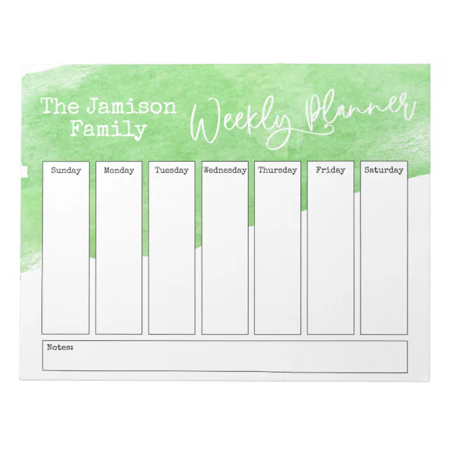 Green Watercolor Brushstroke Weekly Planner Notepad | Zazzle