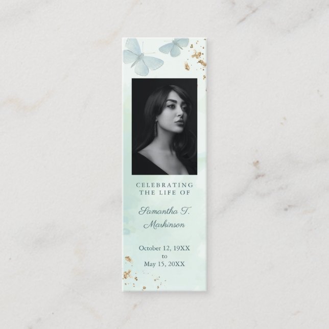 Green Watercolor Butterfly Funeral Bookmark Mini Business Card (Front)