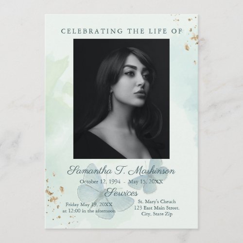 Green Watercolor Butterfly Funeral Obituary Program