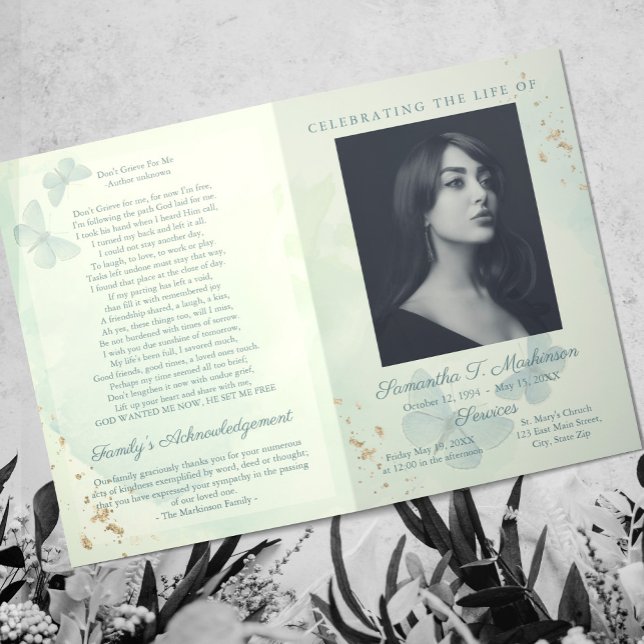 Green Watercolor Butterfly Funeral Services Program (Creator Uploaded)