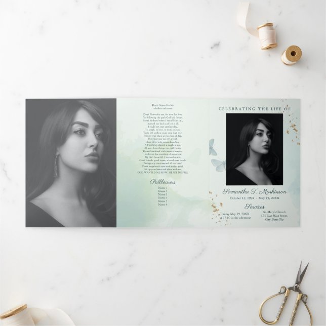 Green Watercolor Butterfly Funeral Services Tri-Fold Program (Outside)