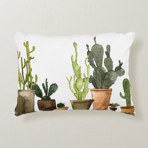 Green Watercolor Cacti Hand Drawn Pots Accent Pillow