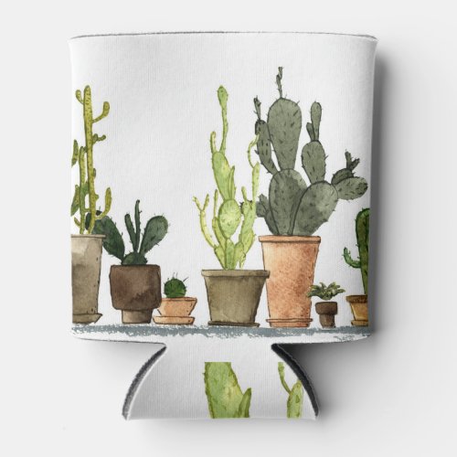 Green Watercolor Cacti Hand Drawn Pots Can Cooler